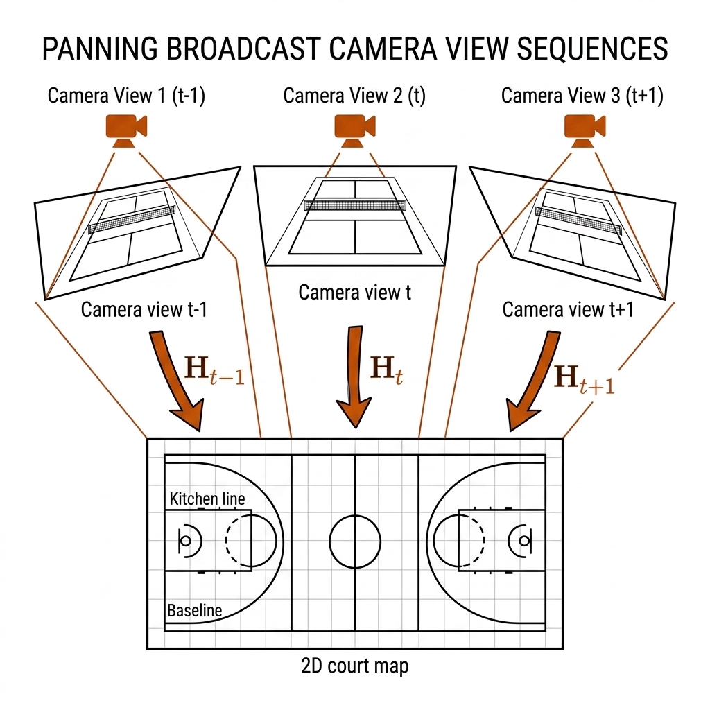Three camera view frustums sweeping across a pickleball court, each labelled with its own homography H_t, pinned to the same court outline with kitchen line and baselines.