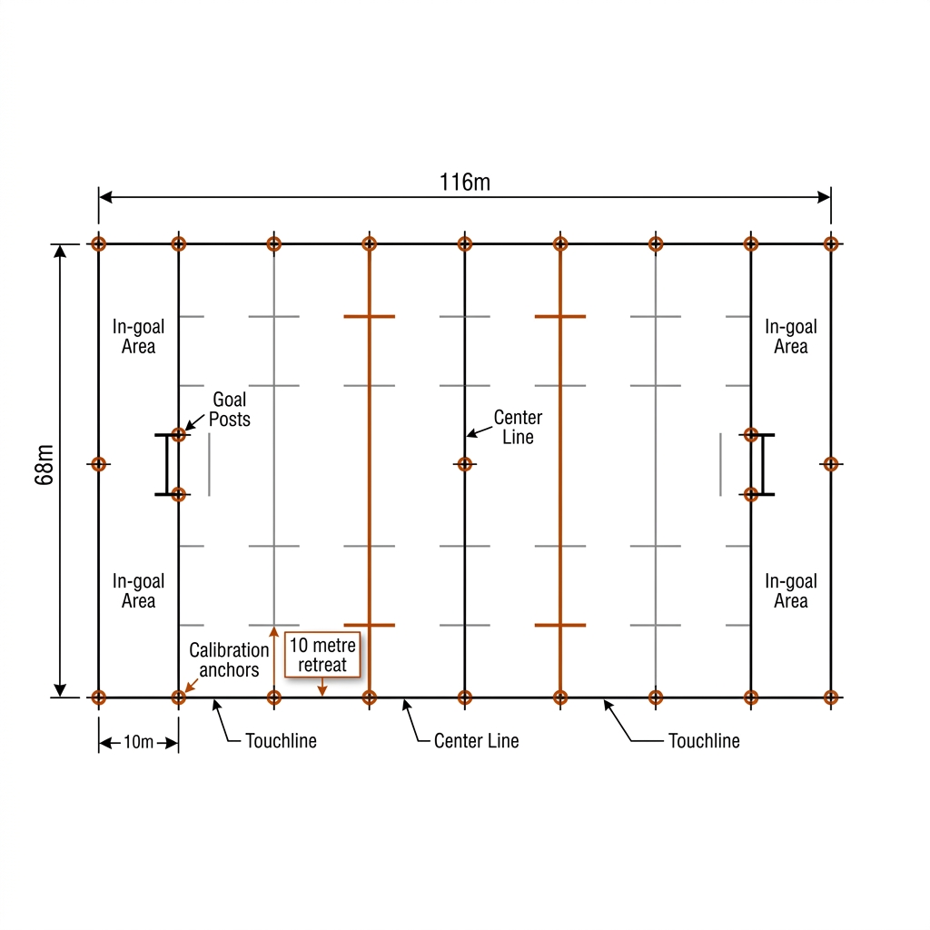 Top-down dimensioned plan of a rugby league pitch, transverse markings every 10 metres, orange dots at calibration anchors, callout for the 10 metre retreat.
