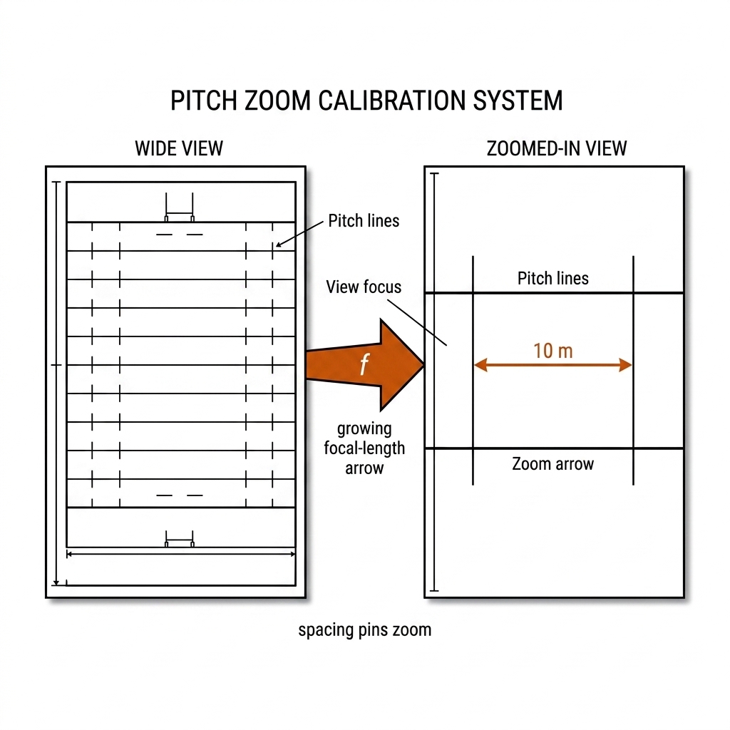 Wide rugby pitch frame versus zoomed frame showing two transverse lines with a 10 metre spacing arrow pinning the zoom scale.