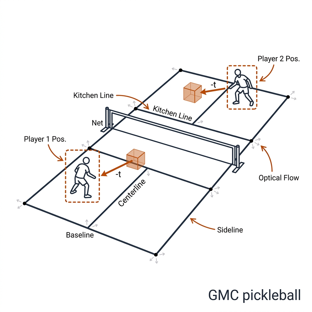 Elevated pickleball court view with corner keypoints, optical flow arrows on court lines, and player boxes shifted by an inverse translation arrow.