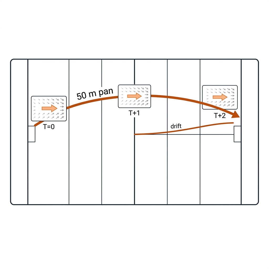Rugby pitch from the main gantry with a long 50 metre pan arrow, three frame windows along the sweep, and a rising orange drift curve.