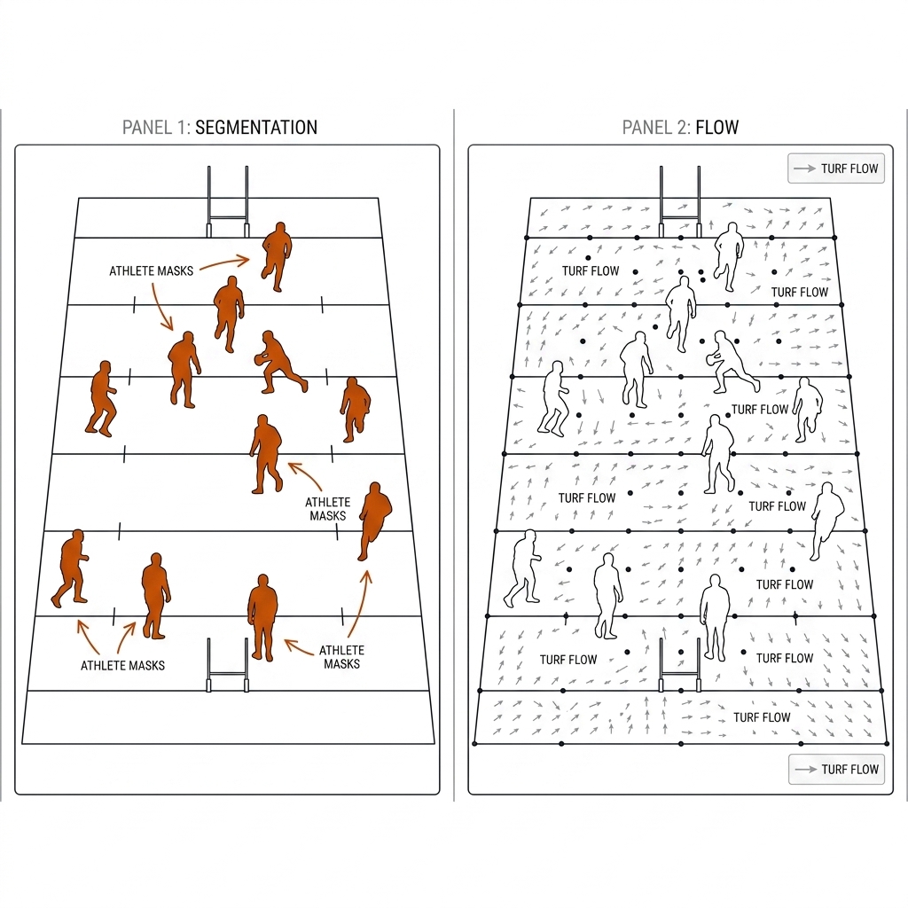 Two panels of a rugby broadcast frame: players masked in orange, then players cut out with flow keypoints only on turf and pitch lines.