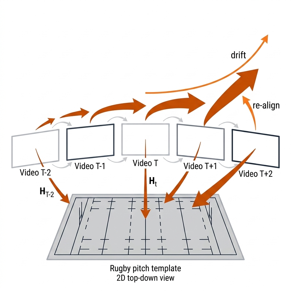 Chain of five frames linked by warp arrows bending away from a pitch template, with a growing orange drift curve and one direct H_t arrow.