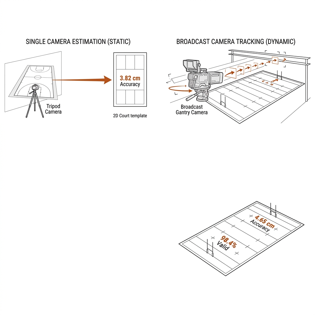 Two panels: fixed tripod over pickleball court with one homography arrow at 3.82 cm, versus panning gantry over rugby pitch with per-frame arrows at 4.65 cm and 98.4 percent valid.