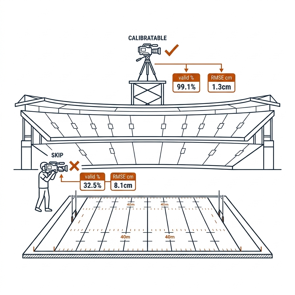 Stadium cross-section with a high gantry camera ticked calibratable and a low sideline handheld crossed skip, with valid-percent and RMSE readout boxes.