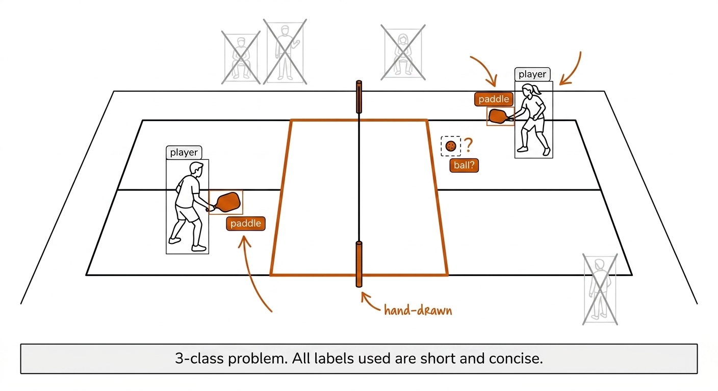 Pickleball court with three detection classes: player boxes, a paddle box, and the ball marked with a dashed uncertain box; spectator boxes crossed out by the court filter.