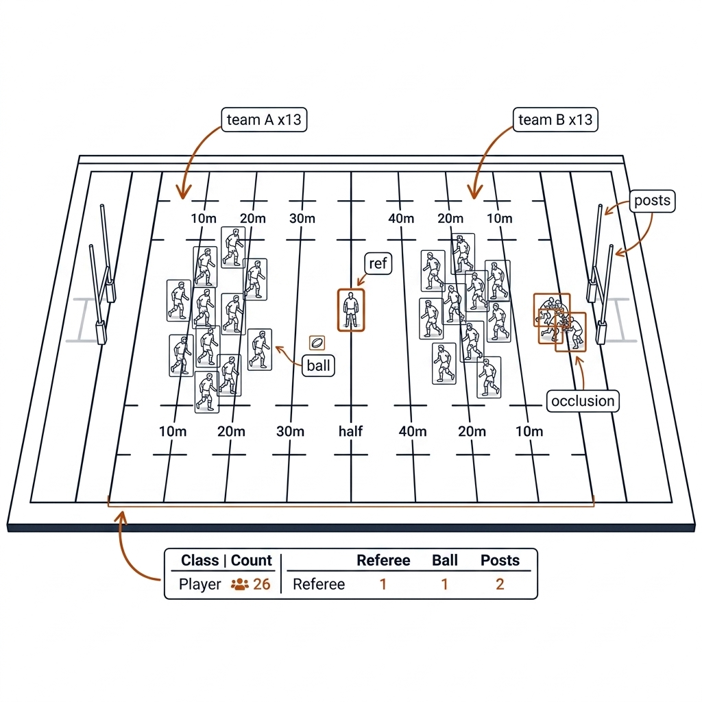 Rugby league pitch with many player bounding boxes in two team clusters, a referee box, a ball box and goalposts; a ruck cluster shows merged overlapping boxes.
