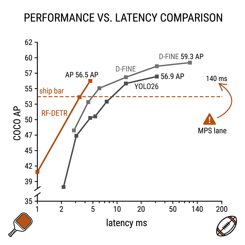 Speed versus accuracy benchmark chart: RF-DETR, YOLO26 and D-FINE family curves of COCO AP against latency in ms, with the MPS lane point flagged far to the right.