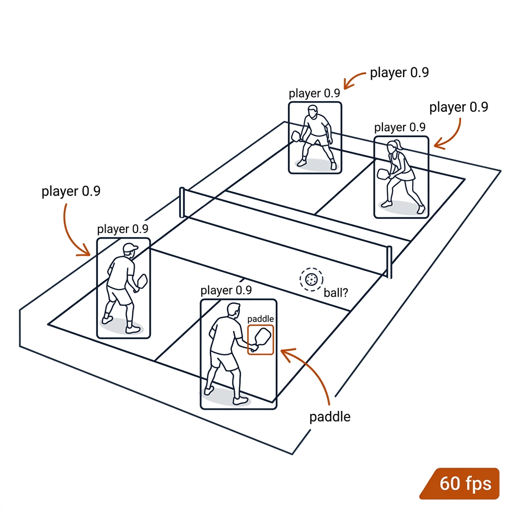 Pickleball doubles court from a fixed elevated camera with four player bounding boxes, one paddle box, and a dashed uncertain ball circle, tagged 60 fps.