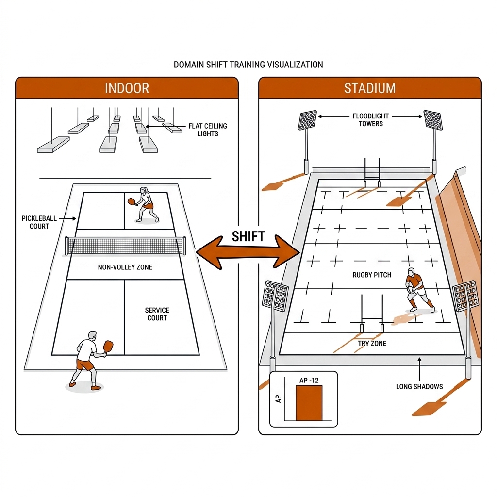 Two panels: an indoor pickleball court under flat ceiling lights and an outdoor rugby stadium under floodlights with long shadows, joined by a shift arrow with an AP drop inset.