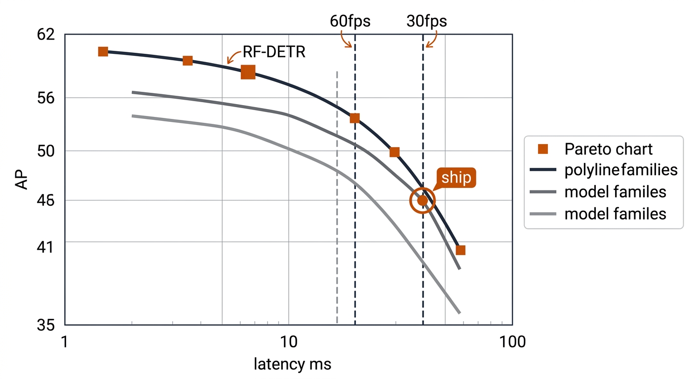 Pareto chart of AP against latency with three family curves, 60fps and 30fps budget lines, and a circled ship operating point.