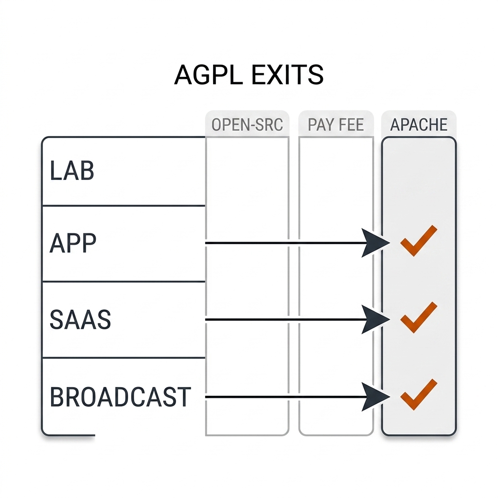License decision grid with rows lab, app, SaaS, broadcast and exits open-source, pay fee, Apache lane, with check marks in the Apache column.
