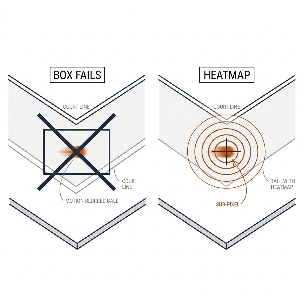 Two panels: a crossed-out bounding box around a blurred ball streak labeled box fails, and concentric burnt-orange Gaussian heatmap rings with a crosshair centroid labeled heatmap. Recreate: white background, black linework, burnt-orange contours.