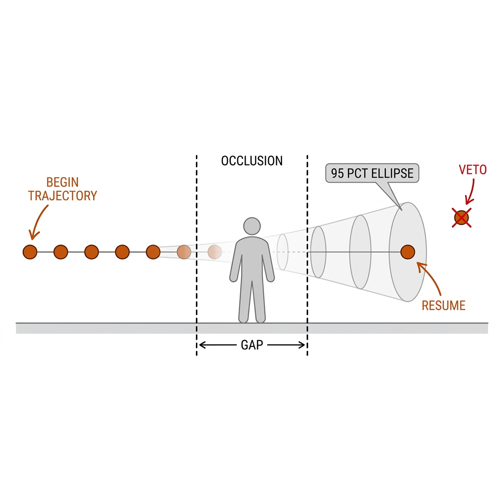 Timeline of a ball trajectory as burnt-orange dots fading through a gap behind a player silhouette, grey uncertainty ellipses growing across the gap, resumption inside the final ellipse, a vetoed stray detection outside it. Recreate: white background, black linework, burnt-orange dots.