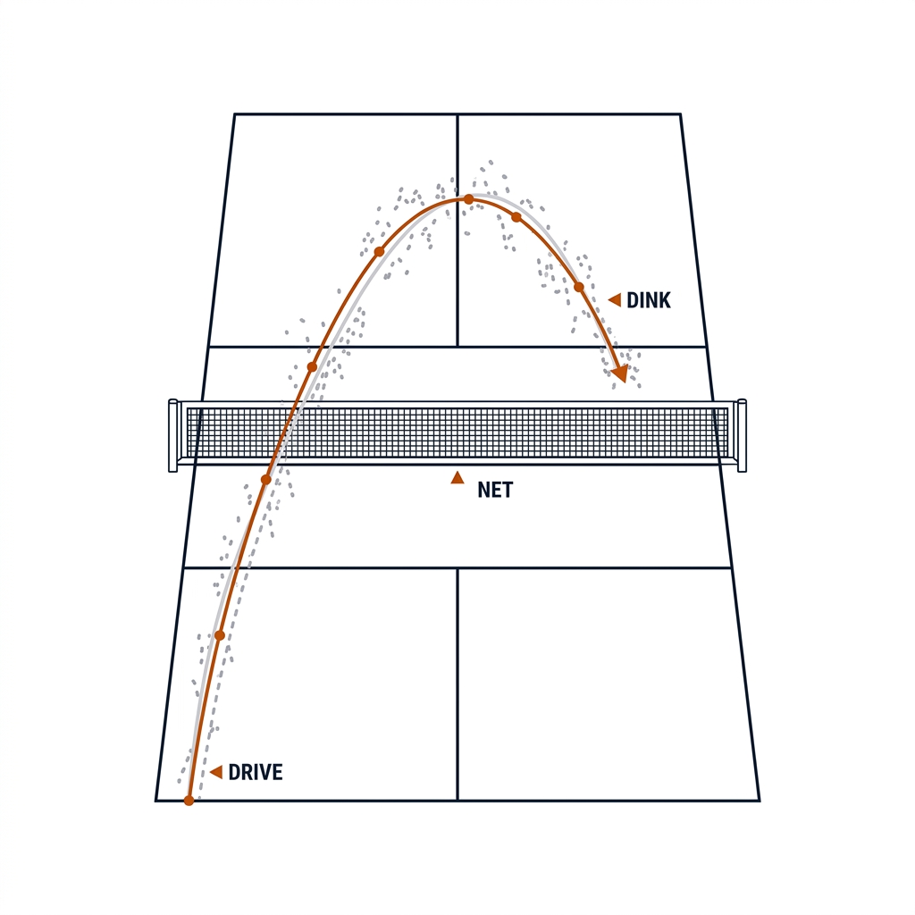 Top-down pickleball court with a burnt-orange fitted trajectory arc from baseline drive over the net to a kitchen dink, grey noisy detection points around the true path. Recreate: white background, black court linework, burnt-orange trajectory.