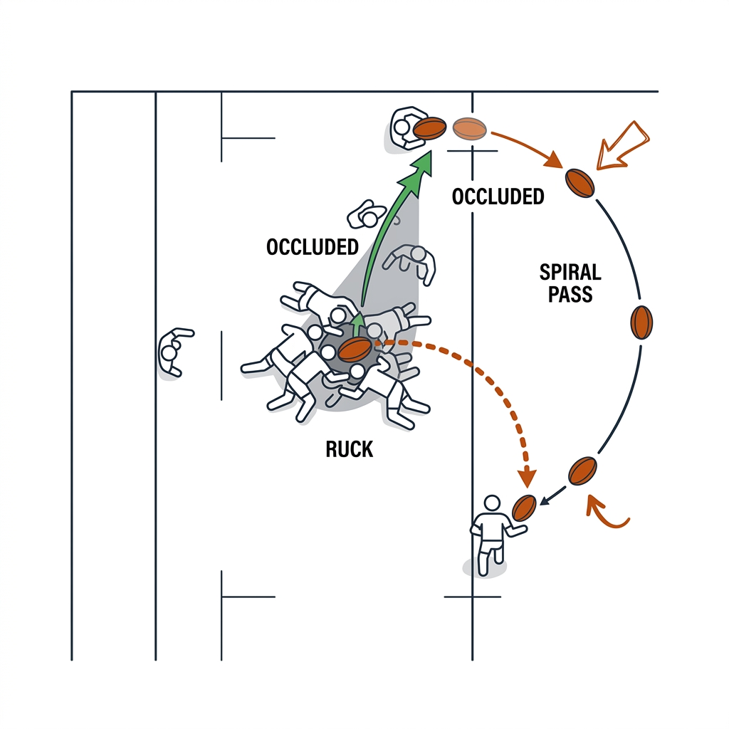 Top-down rugby league pitch with a ruck cluster, a dashed burnt-orange ball path emerging from the occlusion zone to the halfback and on as a spiral pass to the winger. Recreate: white background, black linework, grey occlusion zone over the tackle pile.