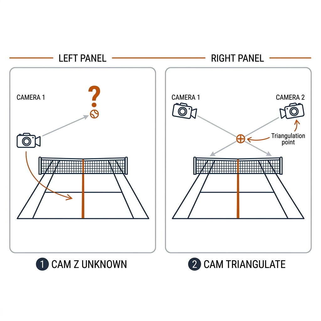 Two panels of a court side elevation: one camera with a single viewing ray and unknown ball height, versus two cameras whose crossing rays triangulate the ball. Recreate: white background, black linework, burnt-orange triangulation point.
