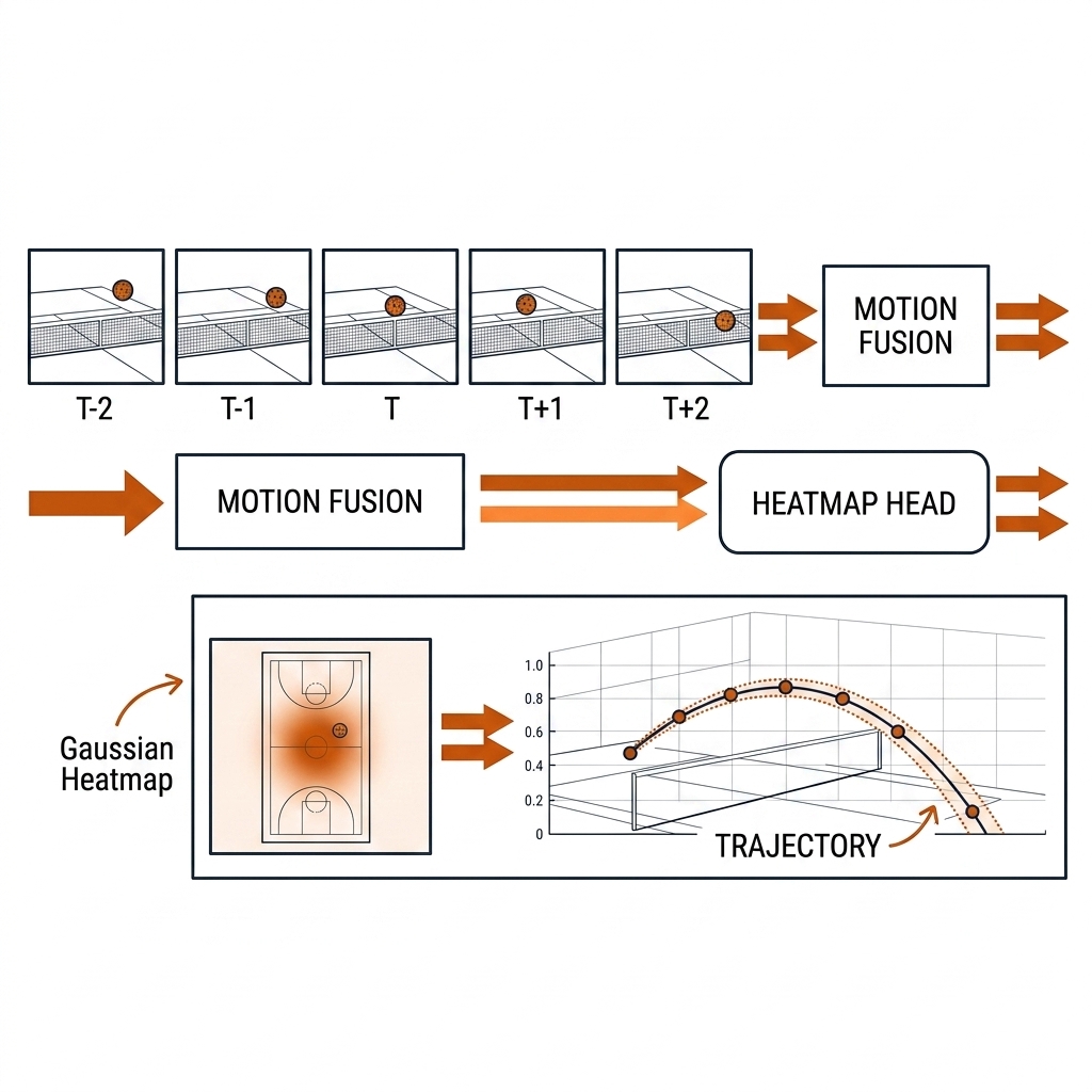 TrackNetV4 architecture: five frame chips t-2 to t+2 feeding motion fusion, heatmap head emitting a burnt-orange Gaussian blob over a pickleball court, then a smooth trajectory. Recreate: white background, black linework, burnt-orange heatmap.