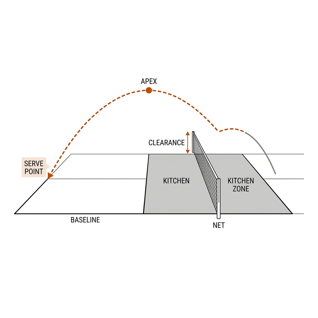Side elevation of a pickleball third-shot drop arc peaking before the net and dipping into the kitchen, apex and net-clearance arrow marked. Recreate: white background, black linework, burnt-orange arc.