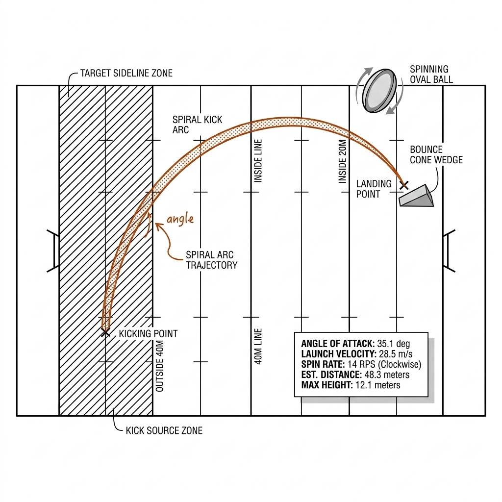 Top-down rugby pitch with a spiral kick arc from behind the 40m line bouncing in-field and exiting touch inside the 20m zone, bounce cone at landing. Recreate: white background, black linework, burnt-orange arc.
