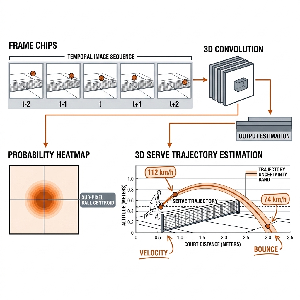 TrackNetV4 five-frame stack feeding a heatmap, then a pickleball serve trajectory with speed callouts at contact and bounce. Recreate: white background, black linework, burnt-orange trajectory.