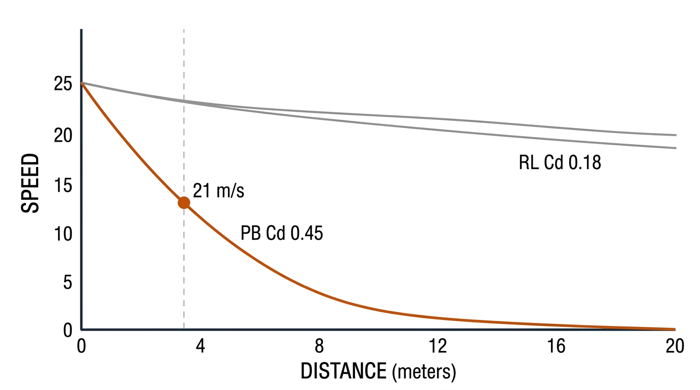 Velocity decay chart: steep burnt-orange pickleball curve from 25 m/s with marker at 21 m/s over 4m, nearly flat grey rugby spiral curve. Recreate: white background, black axes, burnt-orange series.