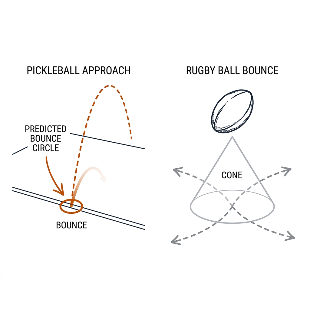 Two panels: pickleball arc with tight predicted bounce circle; end-over-end rugby ball with wide bounce cone of diverging dashed paths. Recreate: white background, black linework, burnt-orange bounce marker.