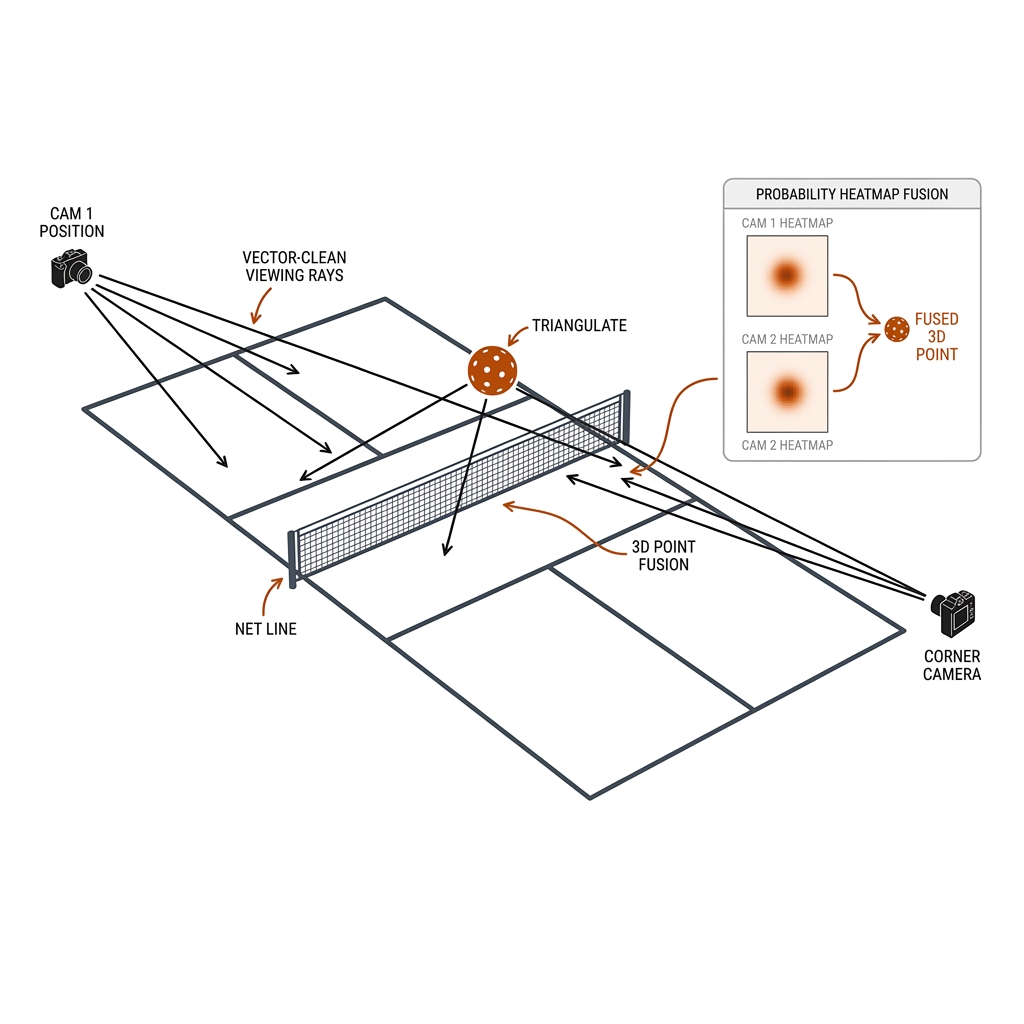 Pickleball court with two corner cameras whose viewing rays cross at the ball above the net, inset showing two heatmaps fusing to one 3D point. Recreate: white background, black linework, burnt-orange triangulation point.