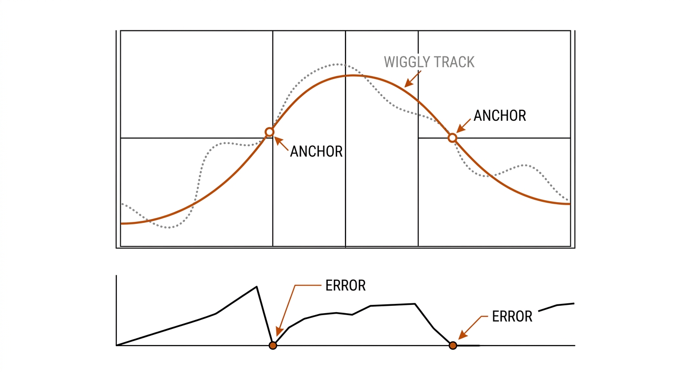 A drifting grey raw track diverging from the true path, a burnt-orange corrected trajectory snapped back at bounce anchors, residual error strip resetting at each anchor. Recreate: white background, black linework, burnt-orange corrected path.
