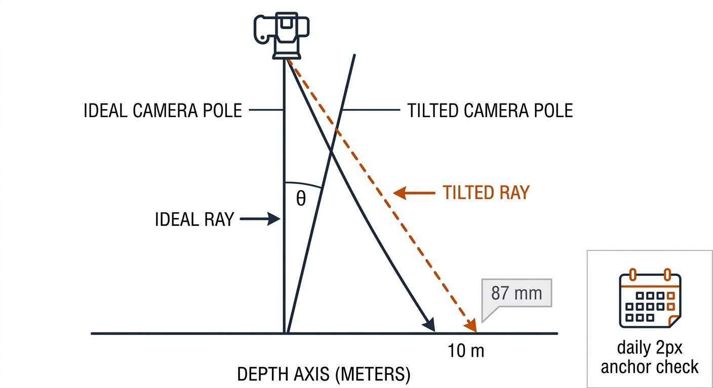 Calibration drift accumulation: a swayed camera pole rotates a ray by a small angle, the ray displacement growing with depth to 87mm at 10m, with a daily 2px anchor reprojection check.