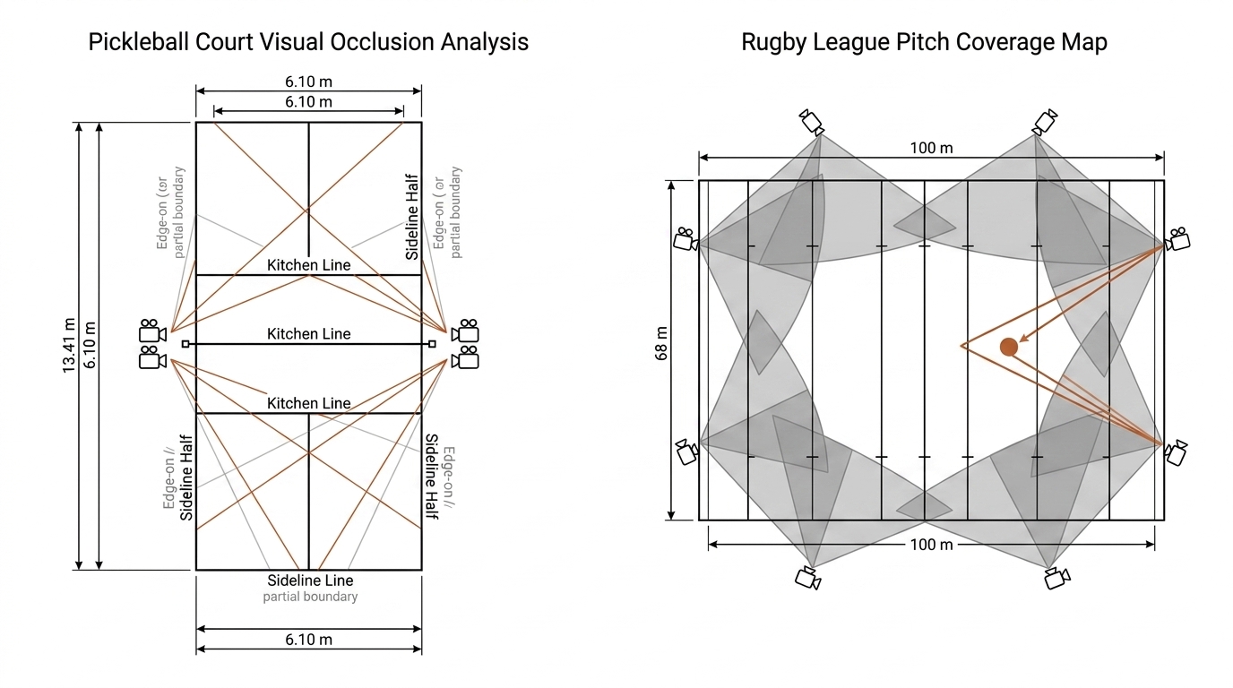 Two-panel plan view: pickleball court with four cameras at the net posts and grazing sight-lines along the lines, and a rugby league pitch ringed by eight elevated broadcast cameras with overlapping coverage wedges.