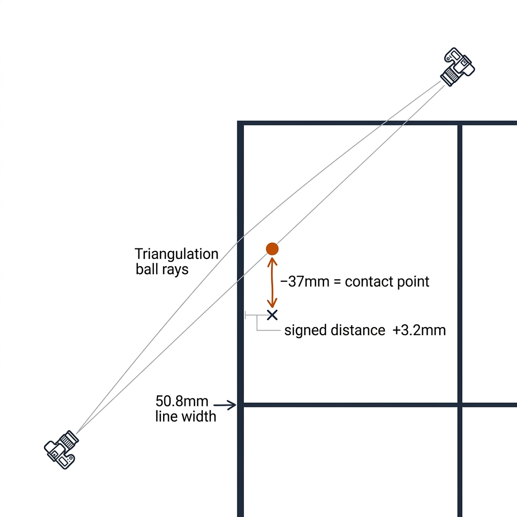 Pickleball line-call reconstruction: plan view of court corner, two net-post camera rays converging on a bounce, ball center marked one radius above the contact point, signed distance to the sideline.