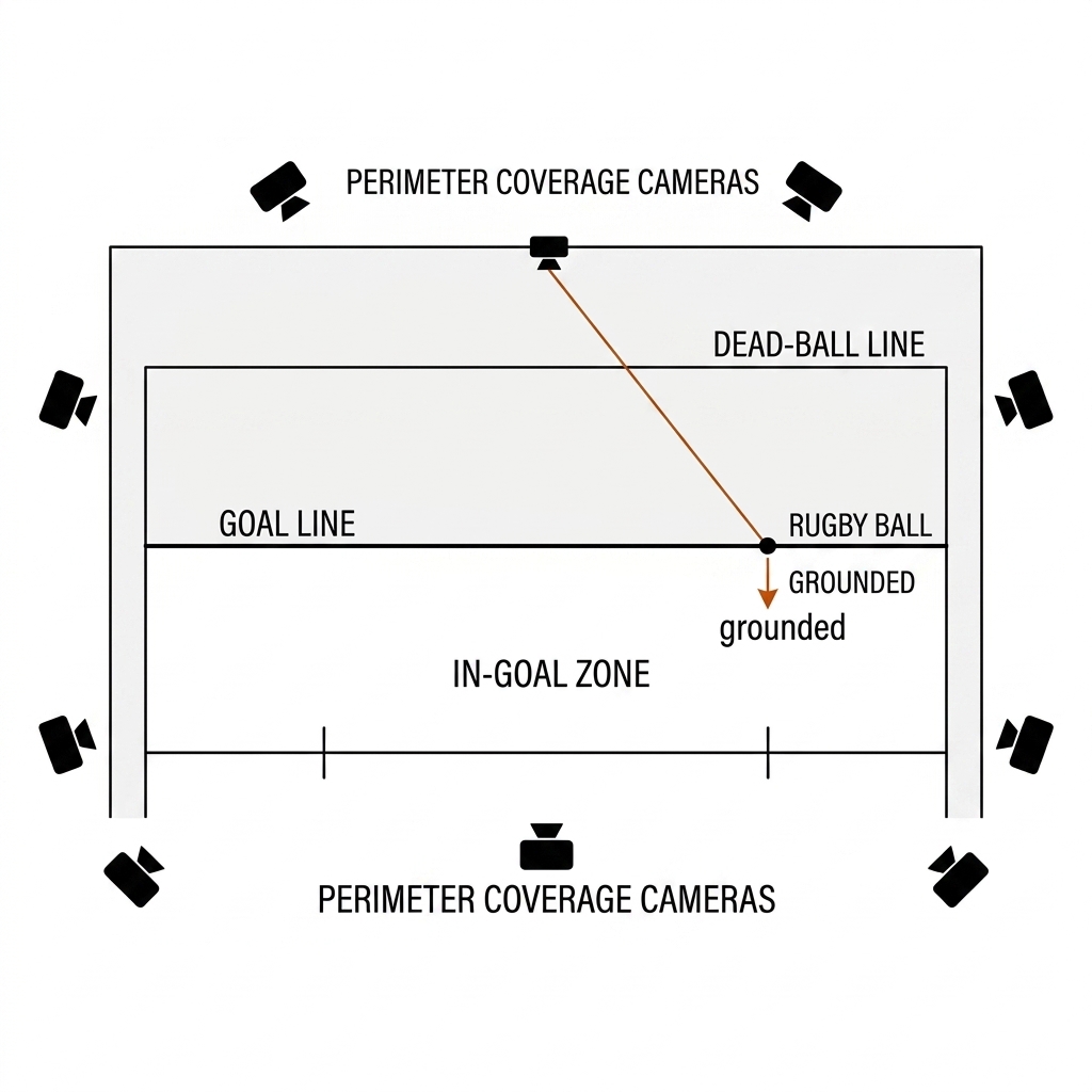 Rugby league try-line 3D reconstruction: goal-line vertical plane viewed edge-on from a dead-ball-line camera, ball grounding in the in-goal area, coverage cameras around the pitch.