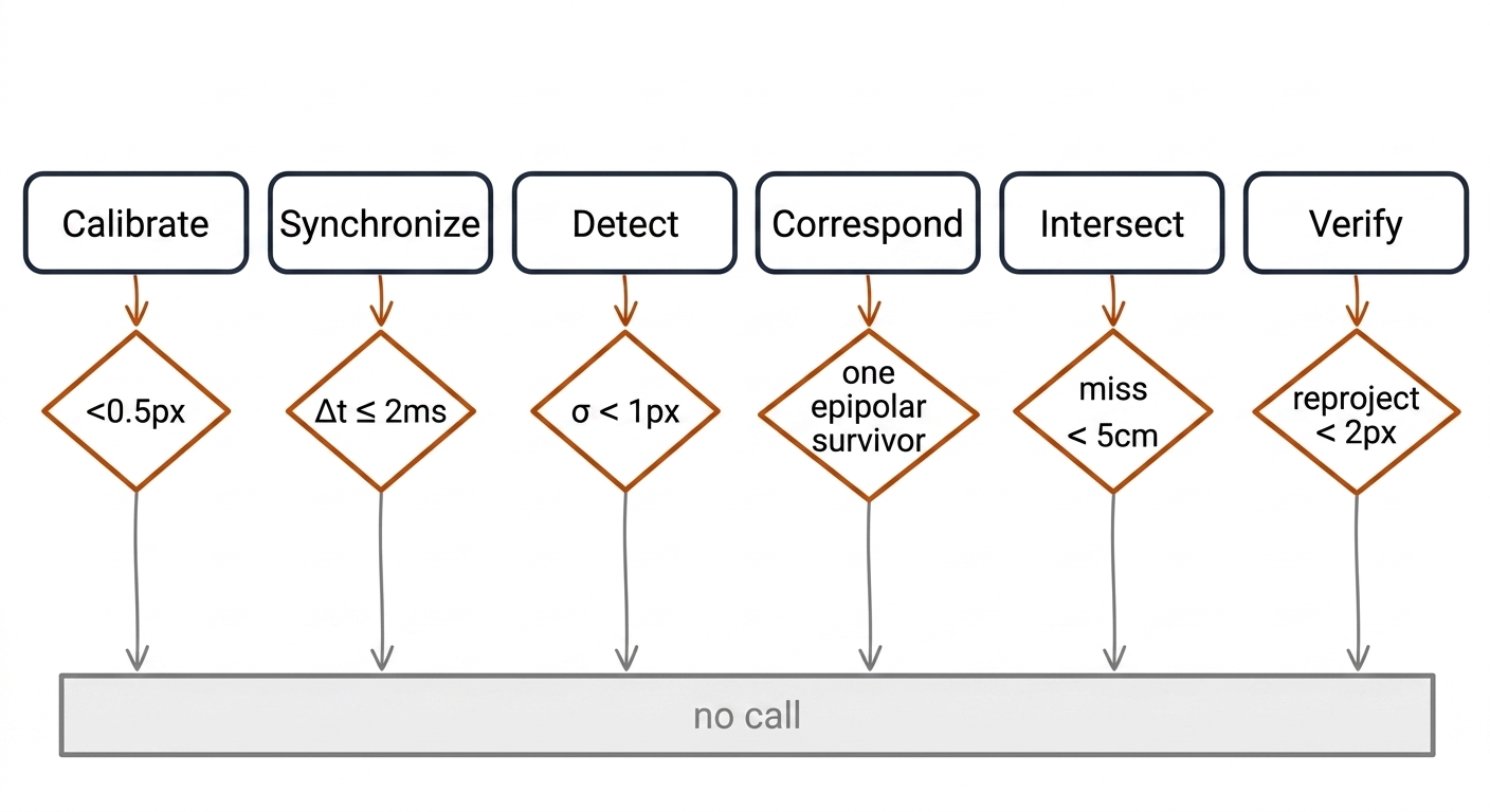 Six-stage horizontal block diagram of the triangulation pipeline — calibrate, synchronize, detect, correspond, intersect, verify — each with a gate threshold and a rejection path to a no-call bin.