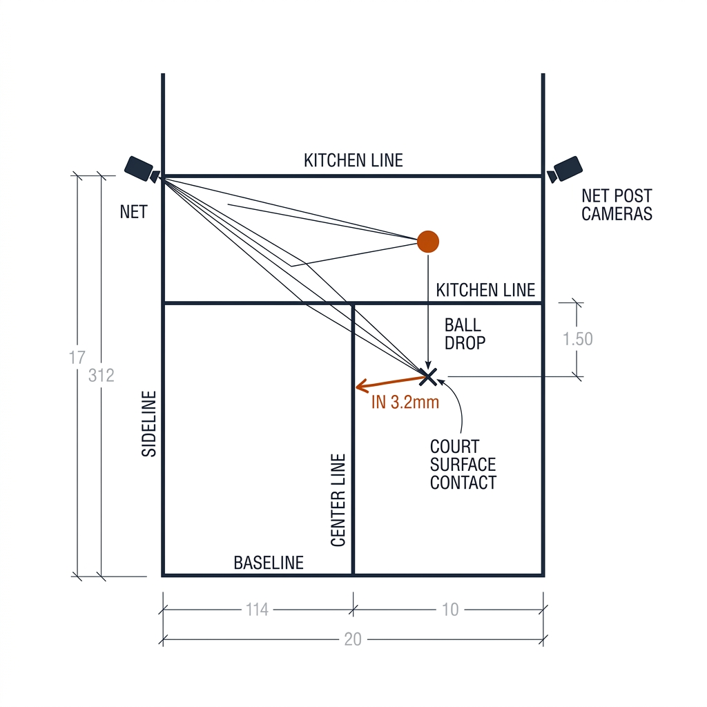 Plan view of a pickleball court corner with two net-post camera rays triangulating a ball near the kitchen line, the vertical drop to the contact cross, and the signed distance to the line.