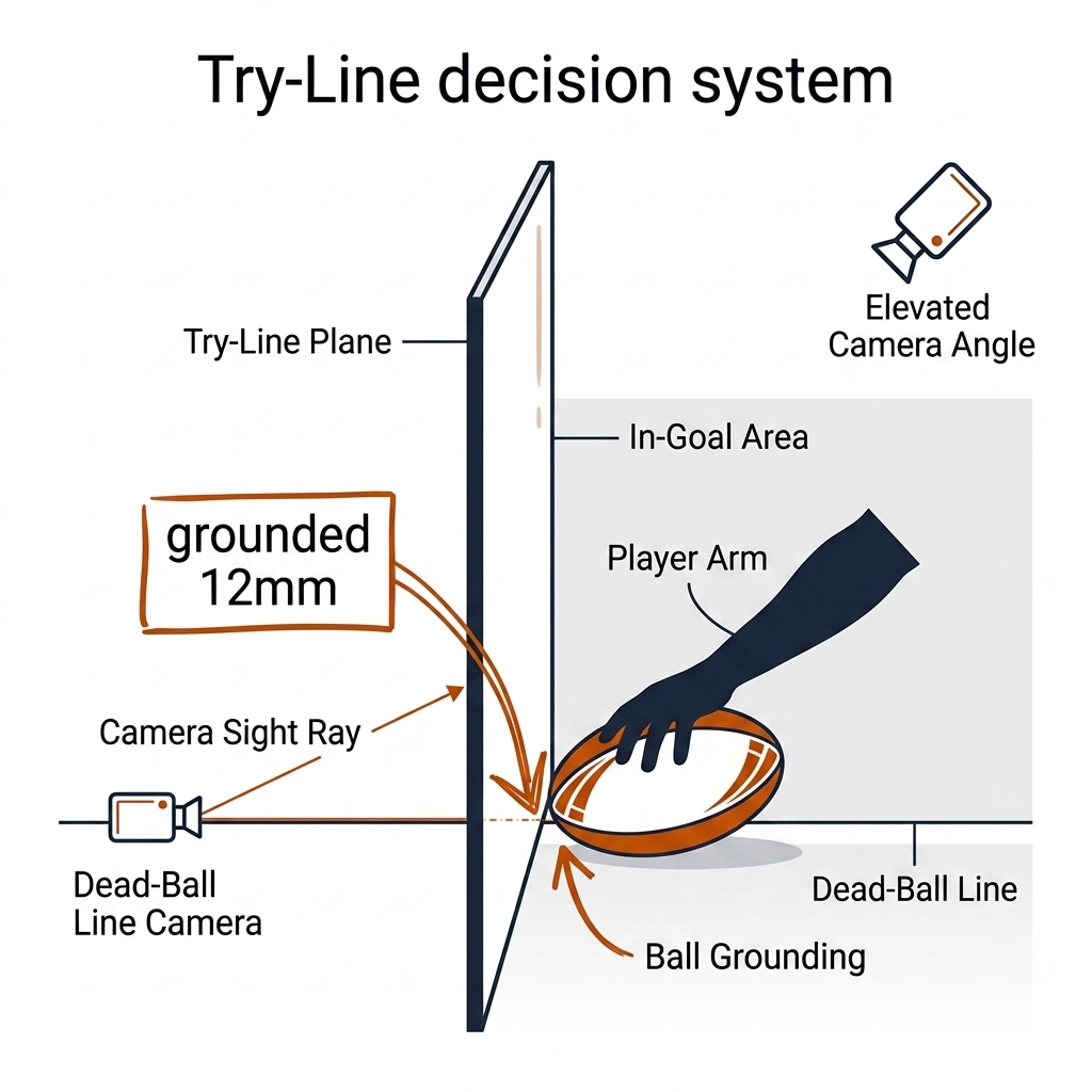 Rugby league try-line grounding: goal-line plane viewed edge-on, ball grounded in the in-goal area, edge-on camera ray grazing the plane.