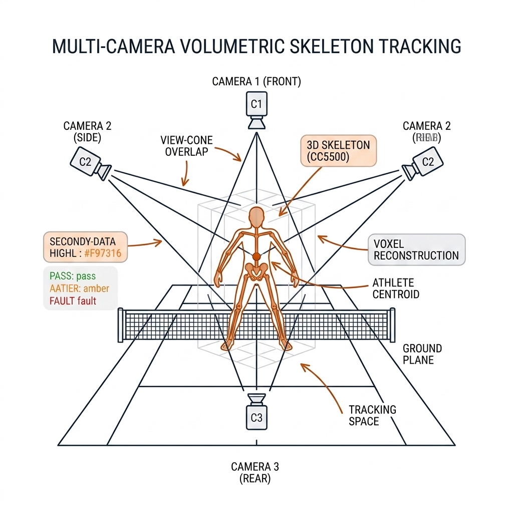 Three camera silhouette cones intersecting to form a 3D skeleton of an athlete at the center.