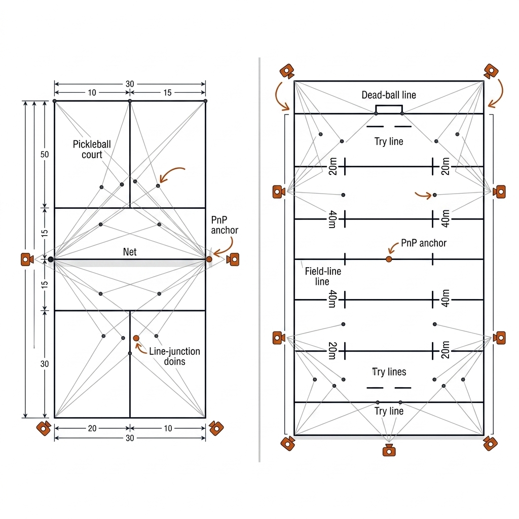 Two-panel plan view: four-camera pickleball array and eight-camera rugby league ring, each with PnP anchor webs to line junctions.