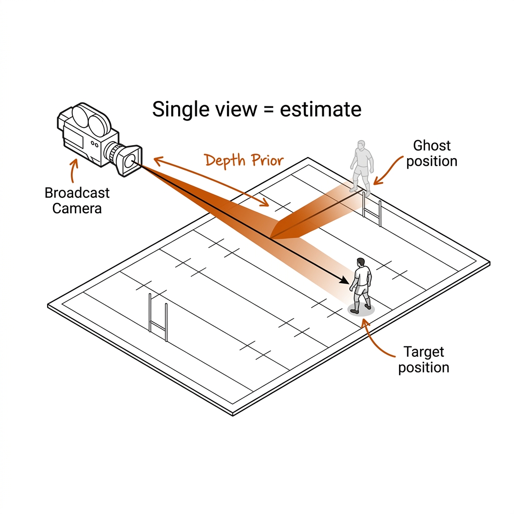 Single broadcast camera ray to a player with a ghost position at a different height on the same ray and a wide burnt-orange depth-uncertainty band.