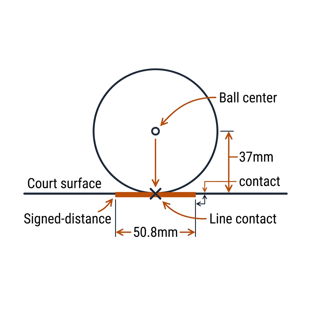 Vertical cross-section: ball center above the court surface, the 37mm drop to the contact point on the 50.8mm line, signed distance bracket.