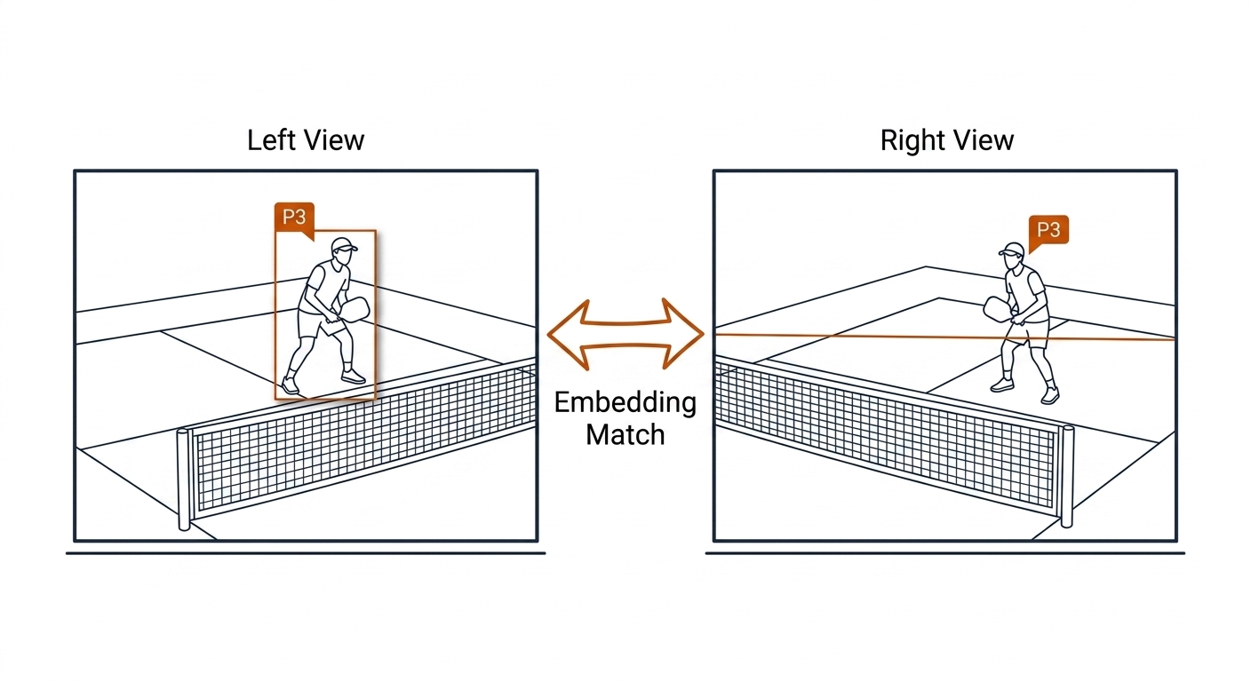 Two camera views of the same pickleball player from opposite angles, both tagged P3, with an embedding-match arrow and an epipolar line in the second view.