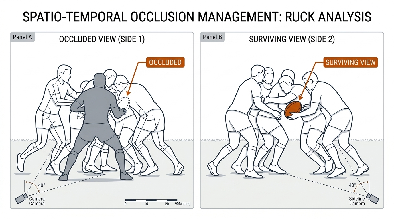 Two panels: a sideline view of a ruck with the ball dashed and occluded, and an opposite-side view with the ball clearly visible.