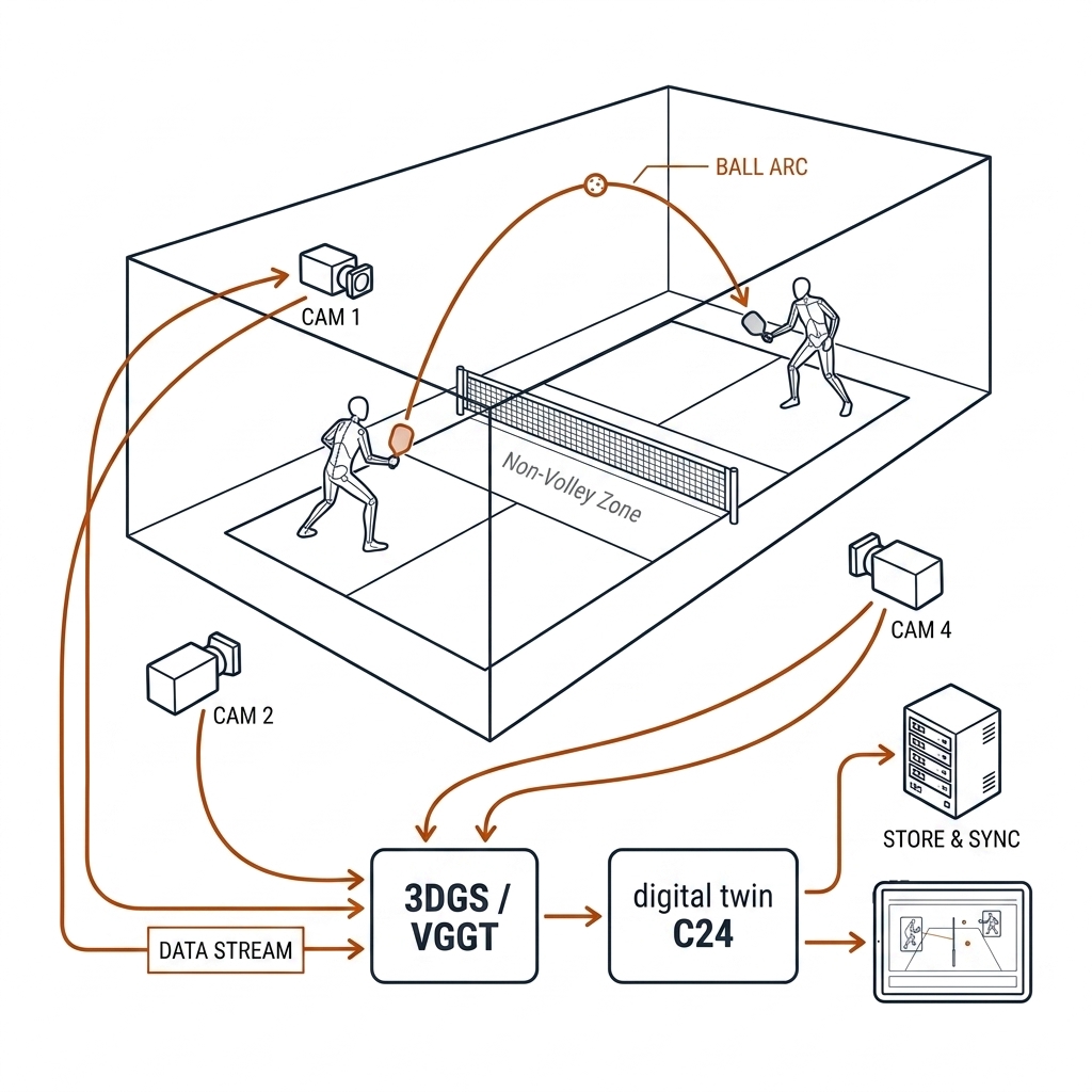 A 3D wireframe pickleball court volume with player skeletons and a ball trajectory arc, cameras feeding a 3DGS/VGGT box, output arrow to a digital twin box.