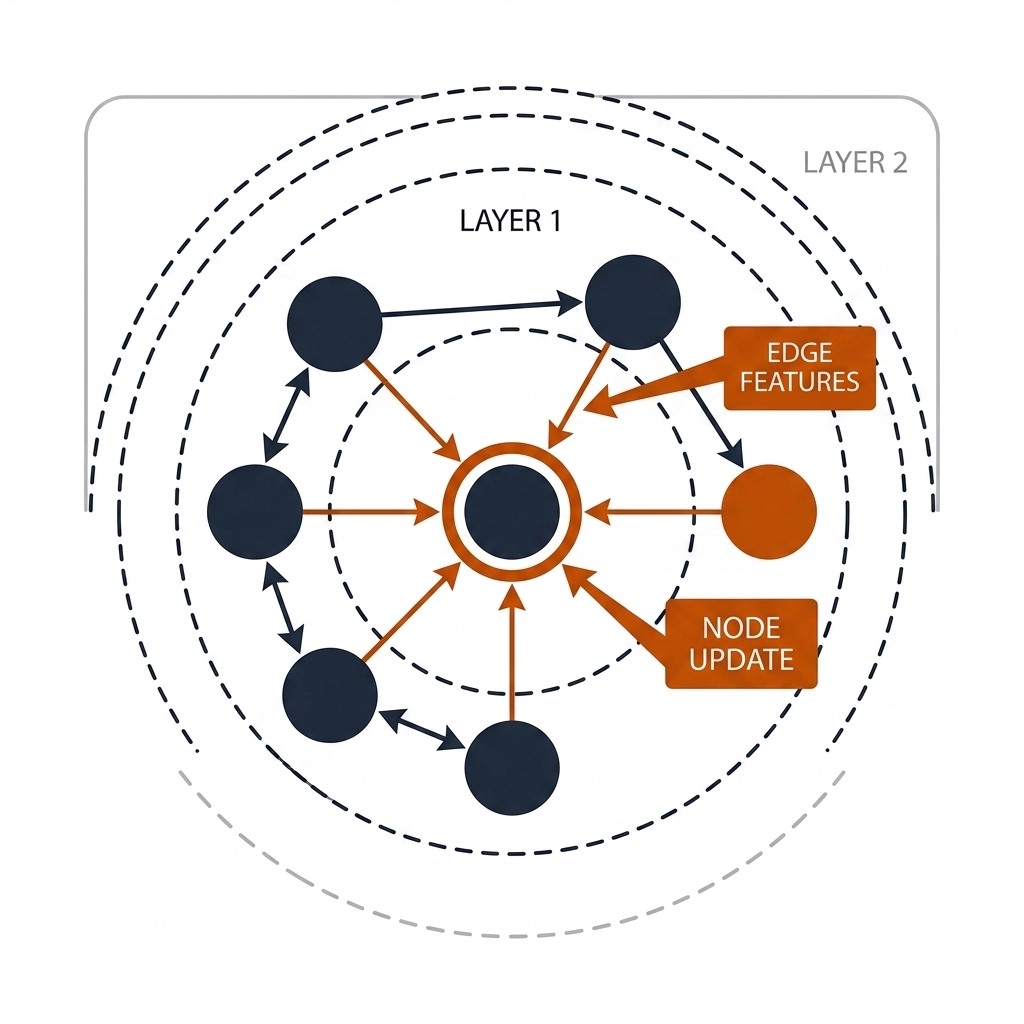 Message passing on a five-node pickleball graph: one highlighted player node aggregates messages from its neighbours across two layers.