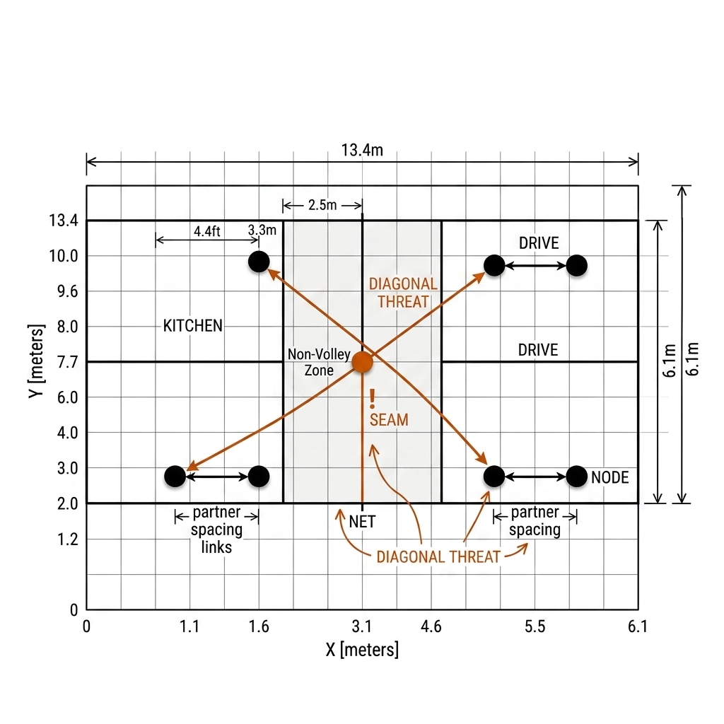 A pickleball doubles court drawn as a graph: four player nodes, a ball node, partner-spacing and cross-court diagonal edges, and the middle seam highlighted.