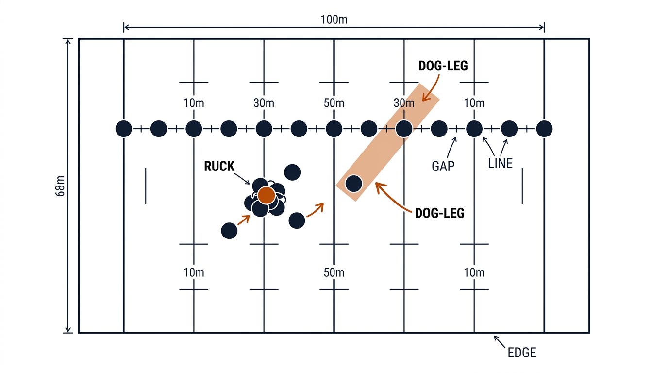 A rugby league pitch drawn as a graph: thirteen defensive nodes in a line with adjacency edges, one lagging defender creating a burnt-orange dog-leg gap, and a ruck cluster near the ball carrier.