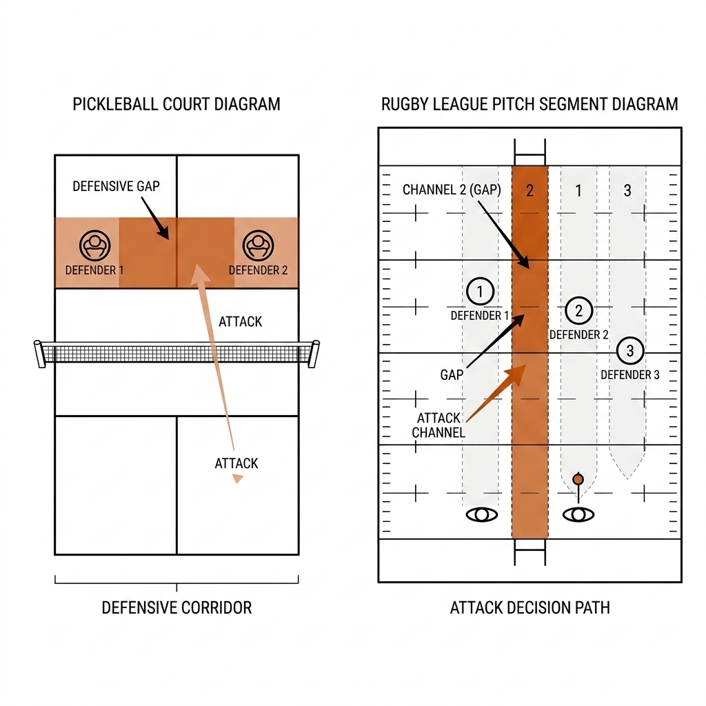 Two panels: a pickleball court with a burnt-orange corridor between two defenders, and a rugby pitch segment with three numbered running channels, one highlighted.