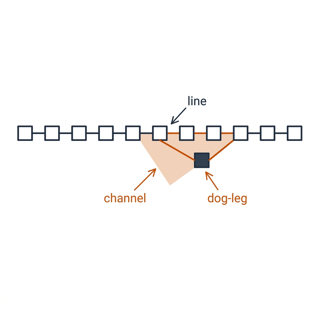 A rugby league defensive line of thirteen nodes with adjacency edges, one lagging defender forming a burnt-orange dog-leg and an angled running channel.