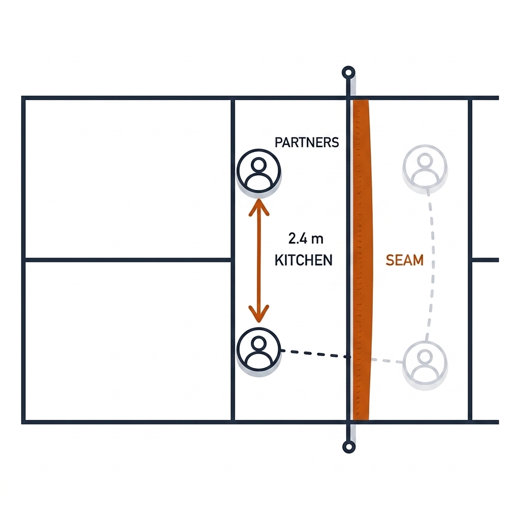 A pickleball kitchen line with two partner nodes joined by a burnt-orange spacing edge, contrasted with a drifted pair and a highlighted middle seam.