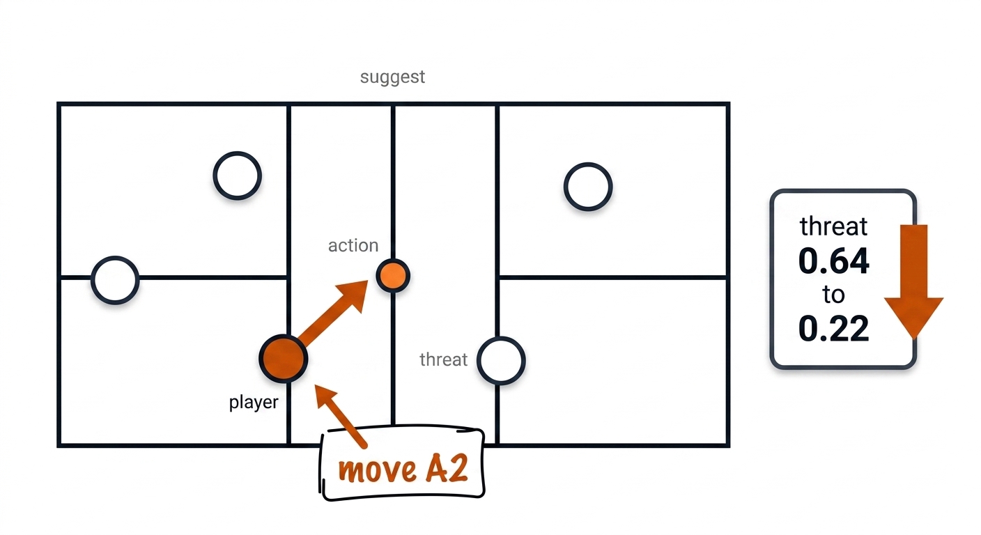 A pickleball doubles court with an overlaid five-node graph, one player node carrying a burnt-orange movement arrow toward the centreline and a small output chip reading threat 0.64 to 0.22.